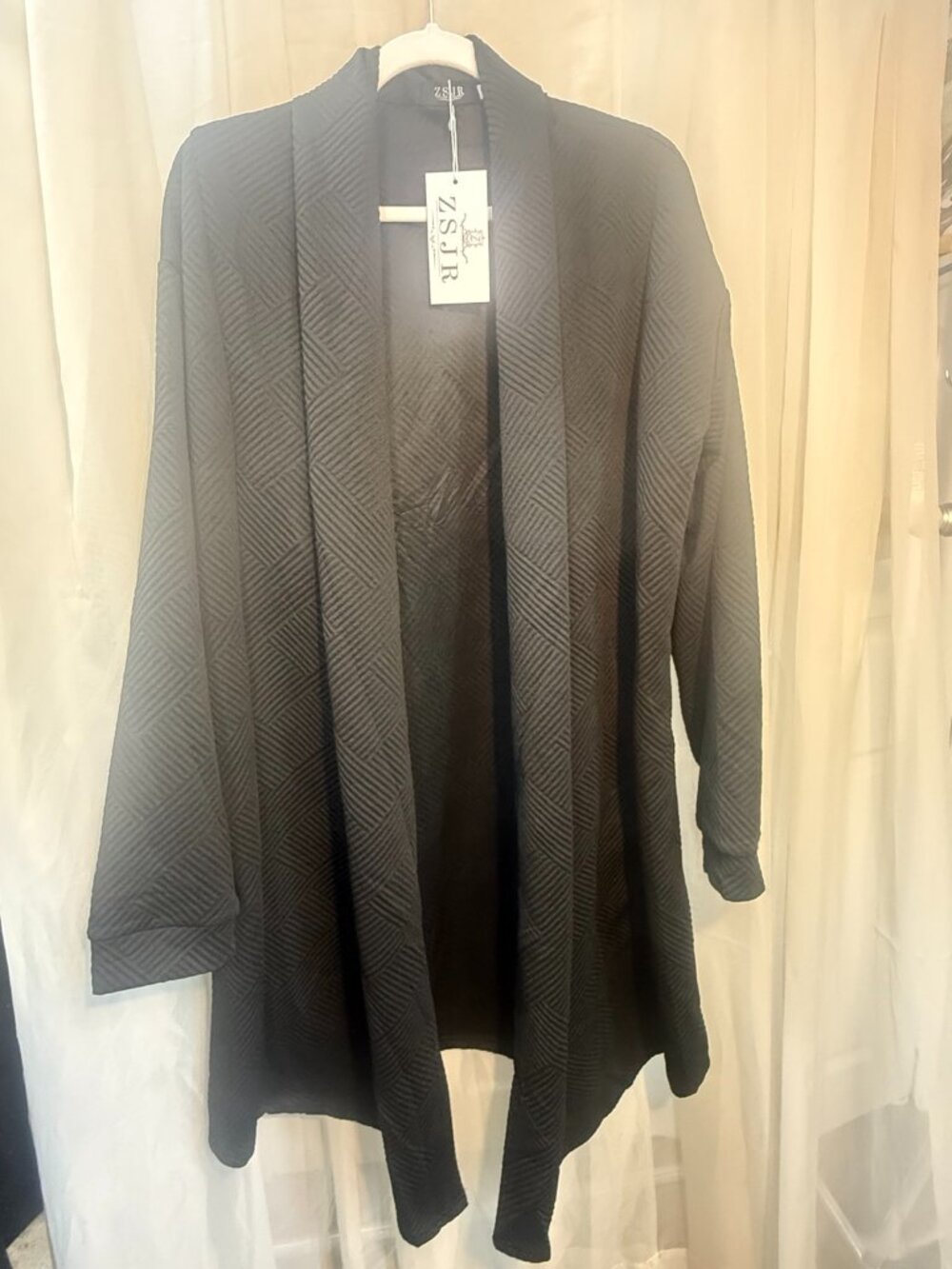 ZSJR Black 100% Cotton Geometric Textured Longline Cardigan 1X NWT